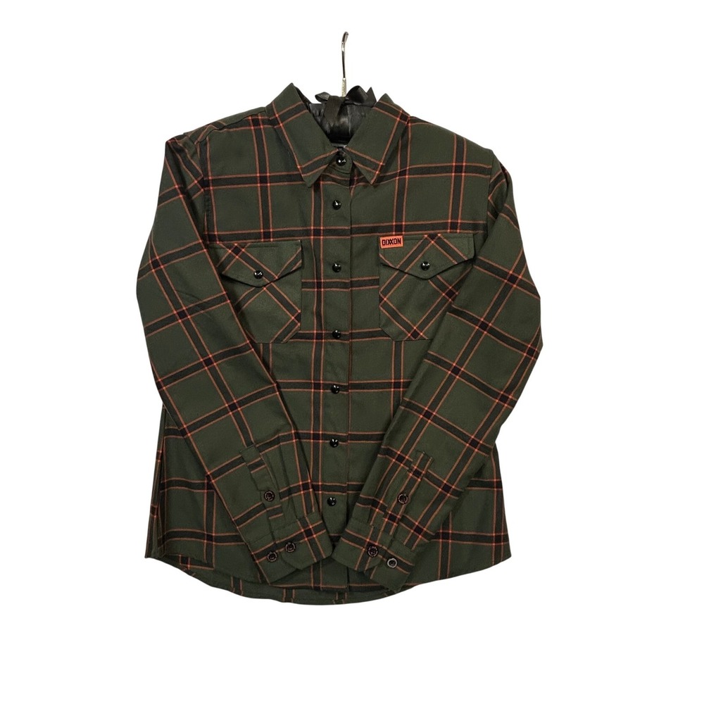 Dixxon Flannel Co Siege Snap Shirt Womens M Olive Green Orange Plaid D-Tech - Picture 2 of 11